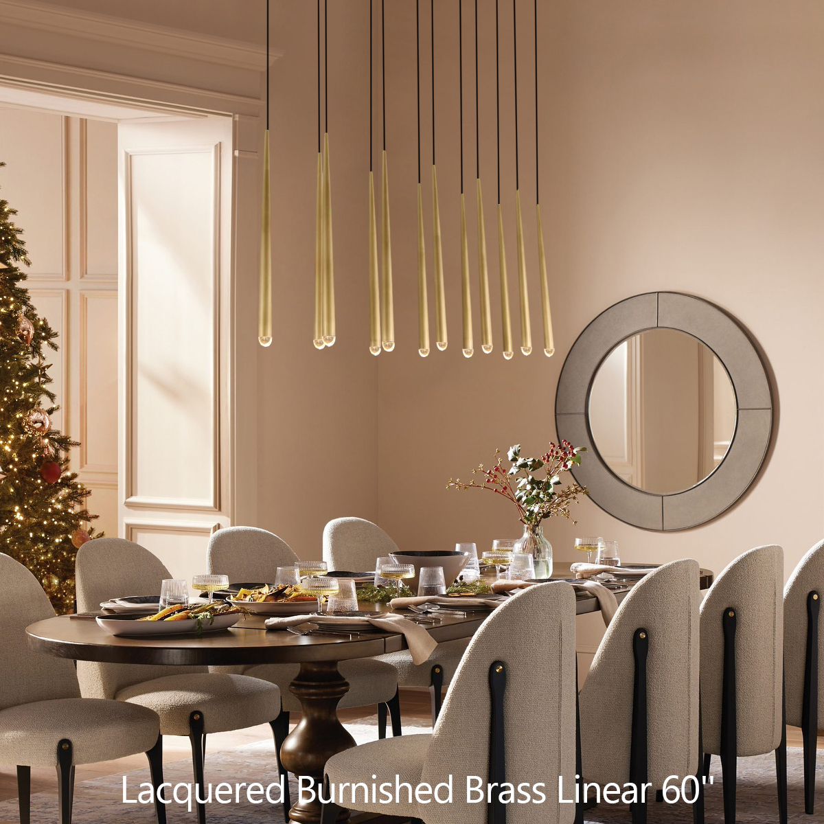 Aquinas Tapered Tubular Linear Chandelier 48" 60" 72", Lacquered Burnished Brass / Bronze