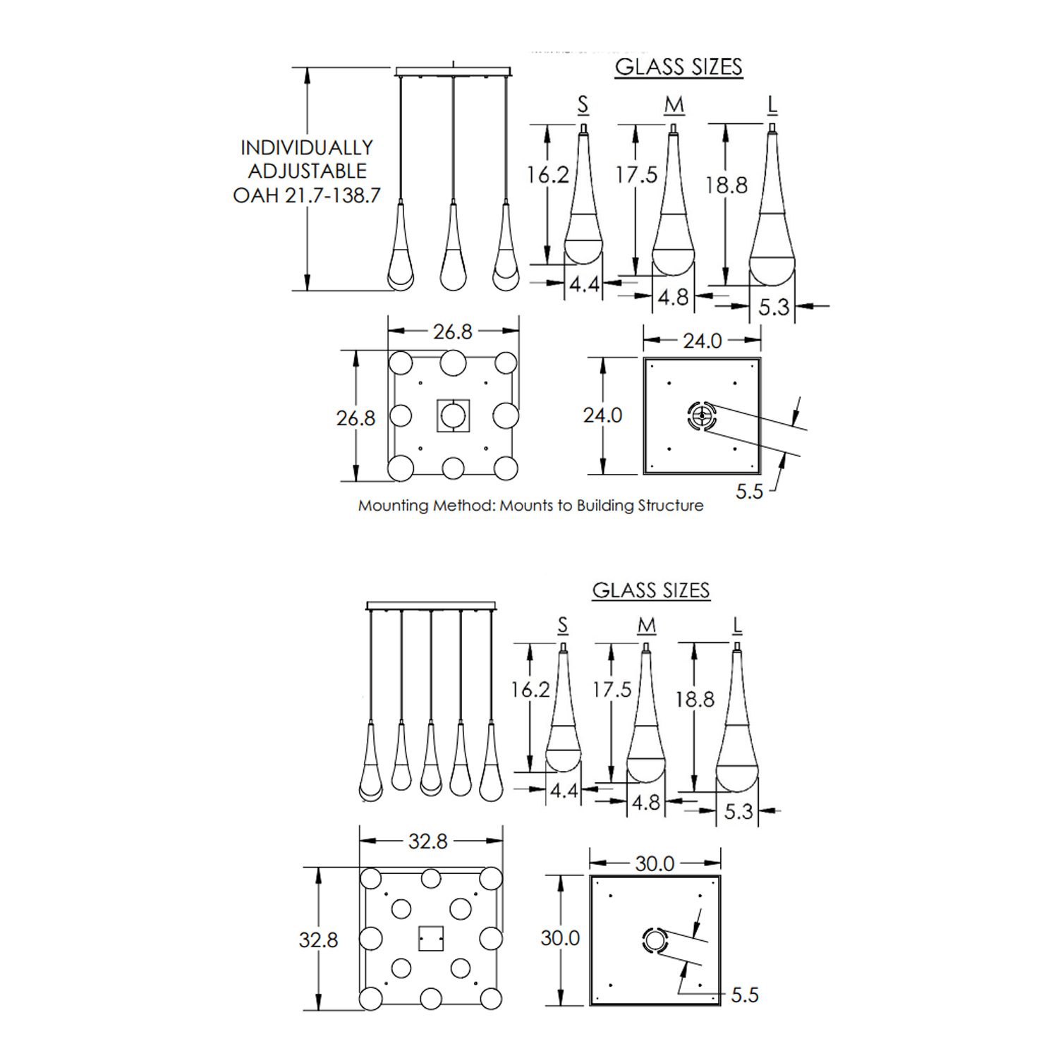 Raindrop Square chandelier 9 lights / 12 lights