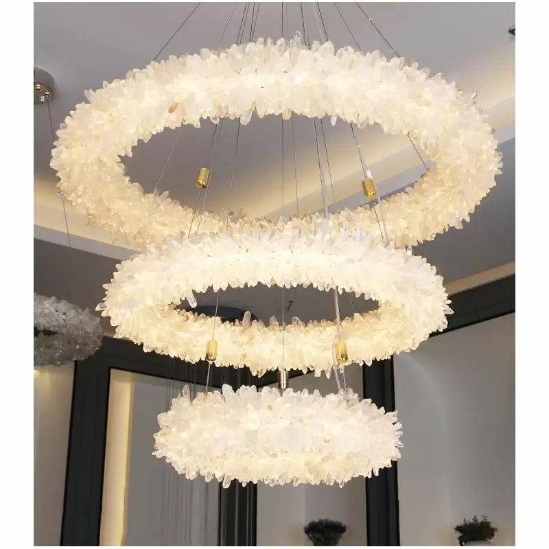 Rock Crystal (24+36+48) Inch 3 Tiers Modern Geode Quartz Crystal LED Ring Chandelier