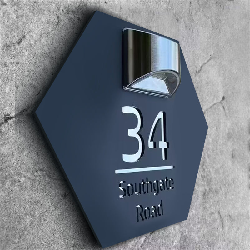 Personalized hexagonal solar cut and engraved door plates