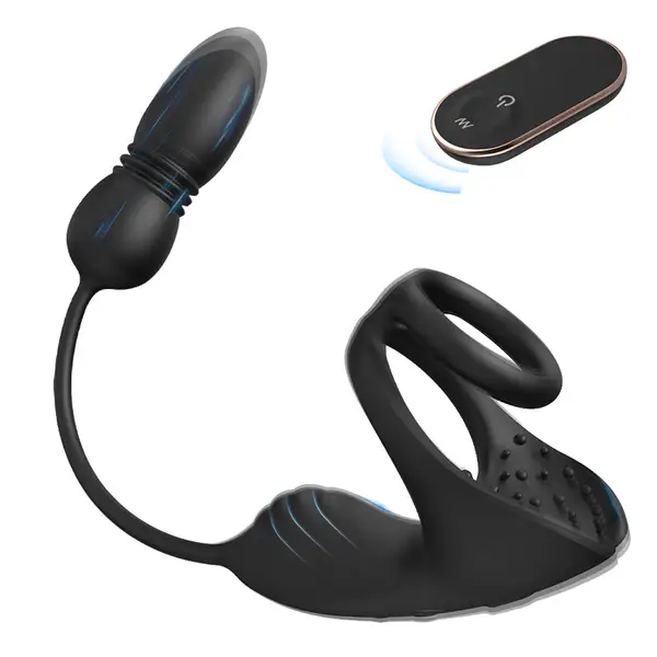 💥9 Thrusting & Vibrating Prostate Massager with Dual Cocking Rings Testicular Stimulator