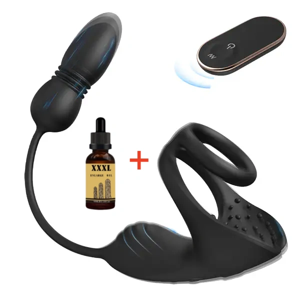 💥9 Thrusting & Vibrating Prostate Massager with Dual Cocking Rings Testicular Stimulator