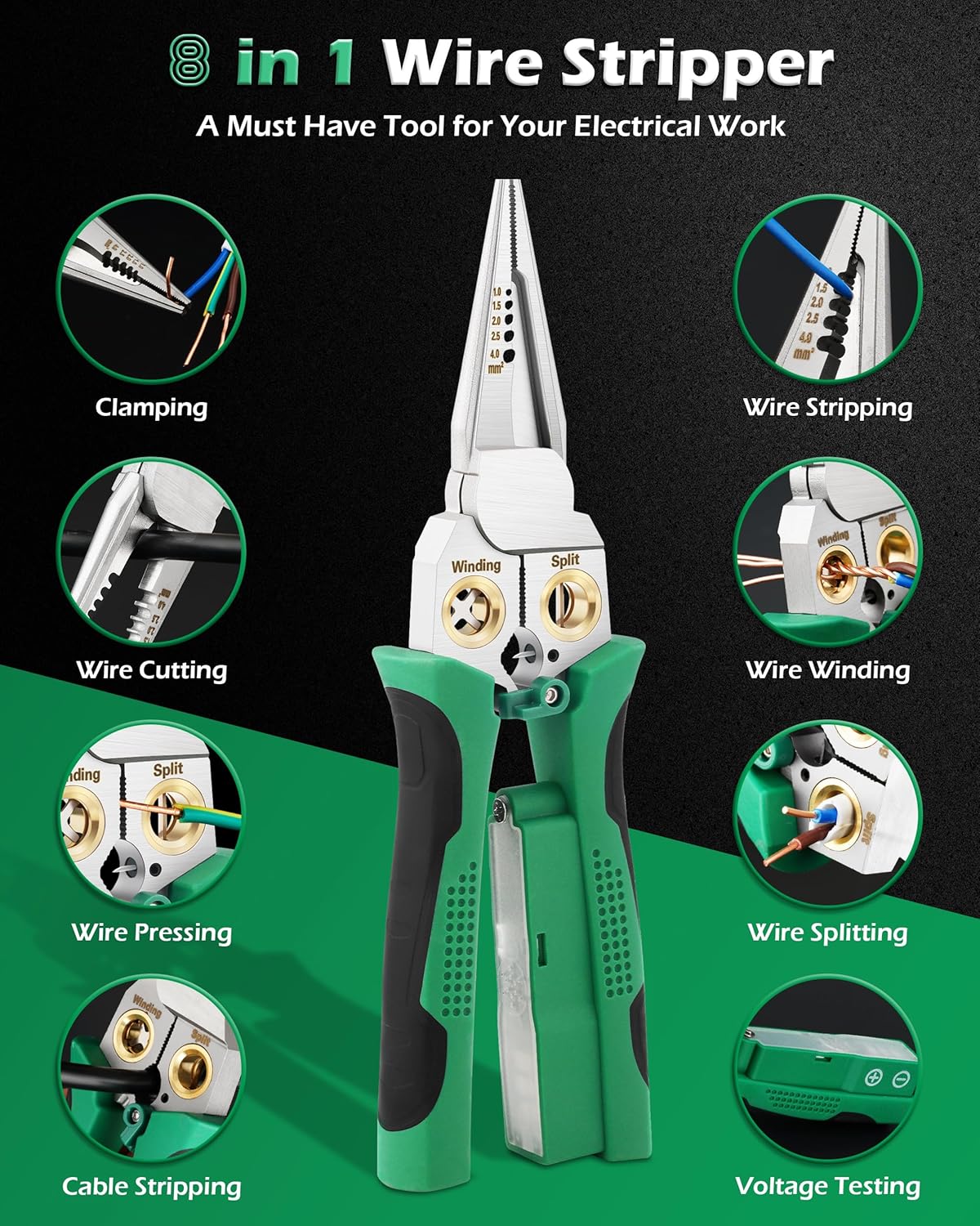 Outdoorfun 8 in 1 Wire Stripper Twister for Cutting and Pulling Wires Cable Scissors,Voltage Tester Pliers