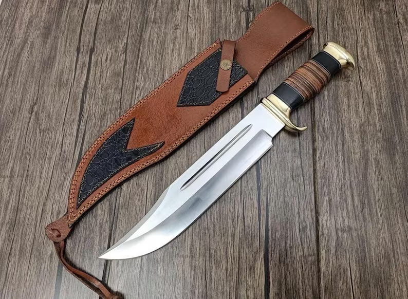 Ręcznie robiony nóż Bowie ze stali D2 z pochwą: nóż myśliwski w stylu krokodyla Dundee