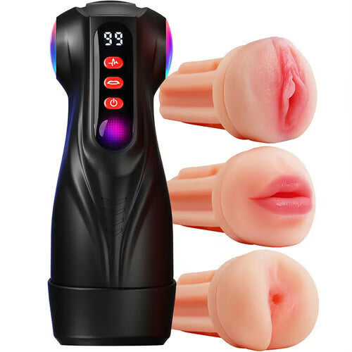 Masturbator męski (model 2026) z trzema wymiennymi nakładkami i funkcją pompki próżniowej, oferujący 9 trybów ssania oraz 9 trybów wibracji.