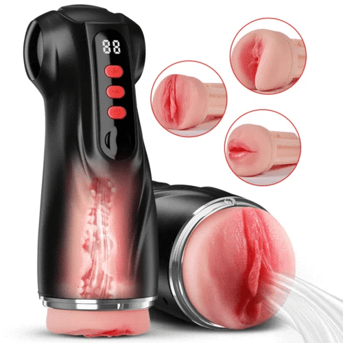 Masturbator męski (model 2026) z trzema wymiennymi nakładkami i funkcją pompki próżniowej, oferujący 9 trybów ssania oraz 9 trybów wibracji.