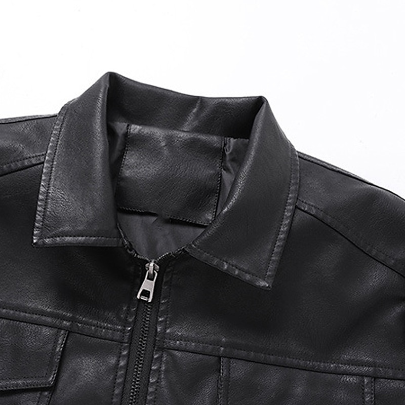 Men's Leather Jacket Motorcycle Jacket Outdoor Daily Wear Warm Zipper Pocket Fall Winter Plain Fashion Streetwear Lapel Regular Black Yellow Gray Jacket 2023 - US $43.49 &ndash;P10