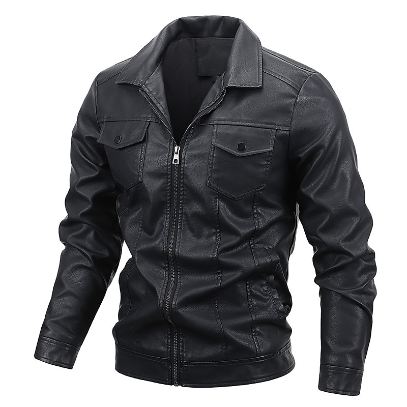 Men's Leather Jacket Motorcycle Jacket Outdoor Daily Wear Warm Zipper Pocket Fall Winter Plain Fashion Streetwear Lapel Regular Black Yellow Gray Jacket 2023 - US $43.49 &ndash;P3
