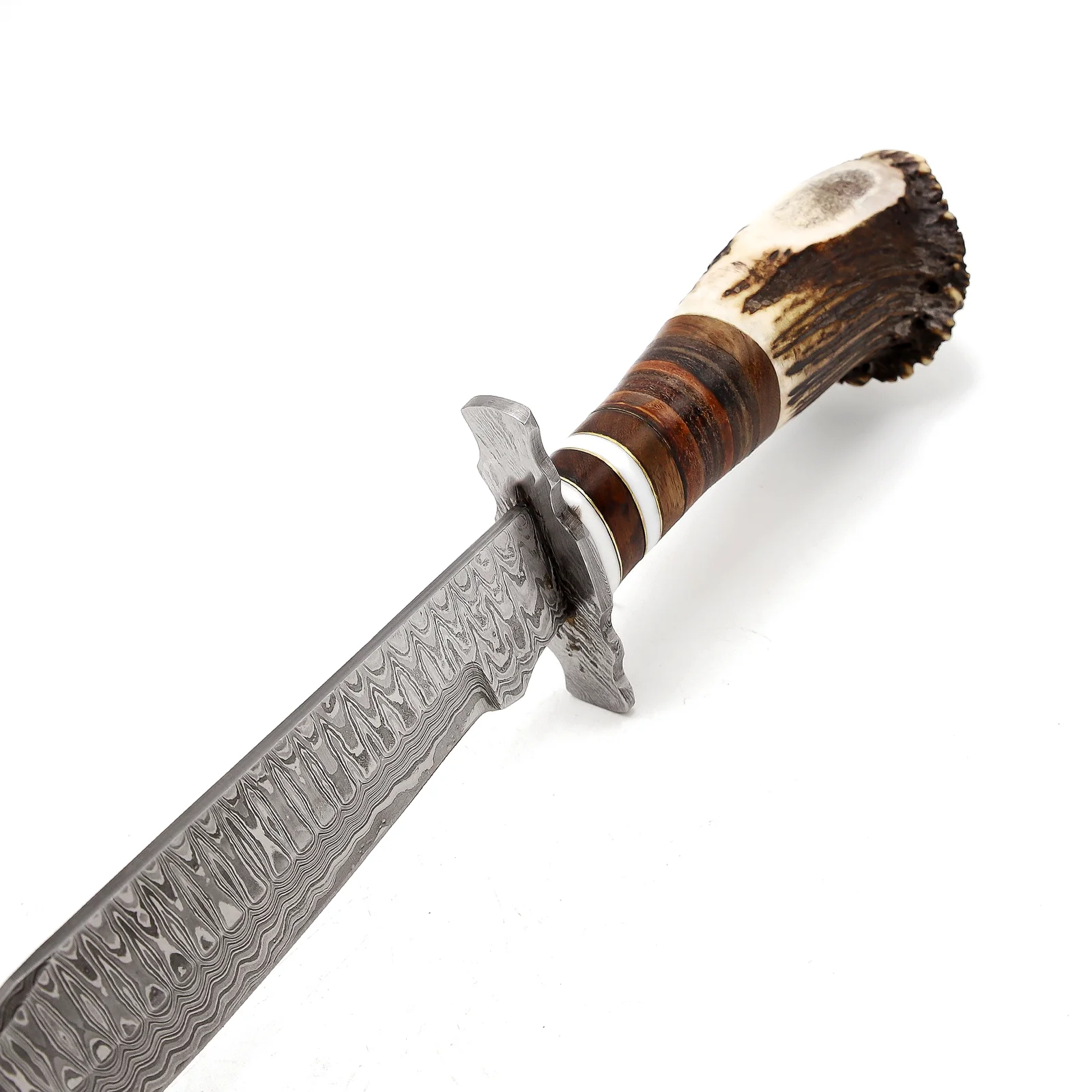 Ręcznie robiony nóż myśliwski Bowie ze stali damasceńskiej: rękojeść ze skóry jelenia, pochwa skórzana