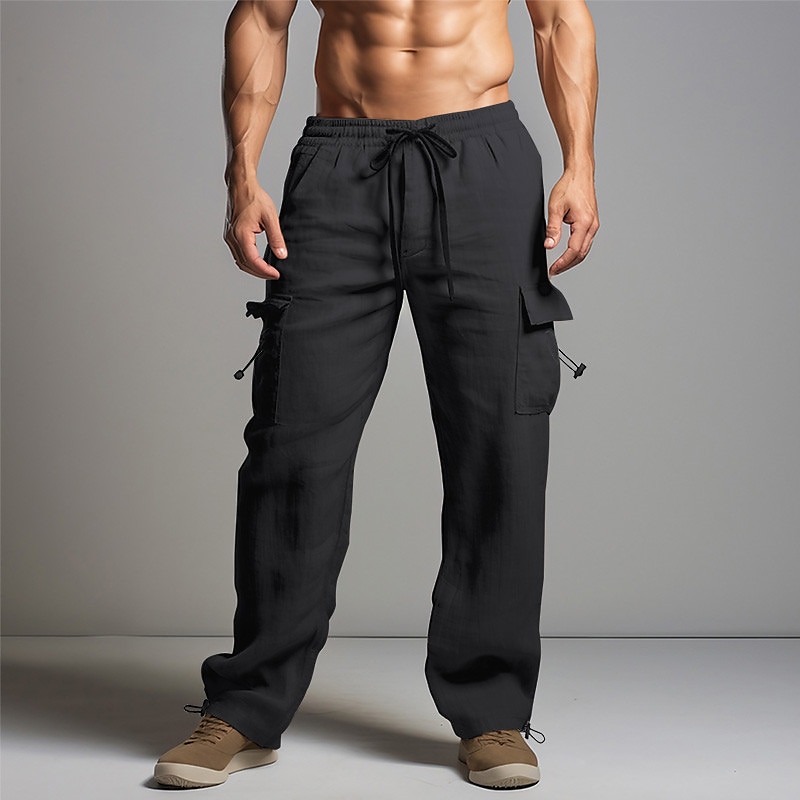 Men's Joggers Linen Pants Trousers Summer Pants Beach Pants Drawstring Elastic Waist Multi Pocket Plain Comfort Breathable Casual Daily Holiday Linen / Cotton Blend Fashion Classic Style Black White 2023 - US $26.99 &ndash;P5