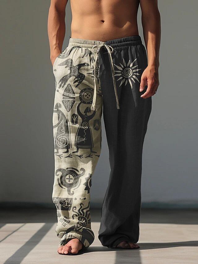 Vintage muške lanene hlače s 3D printom