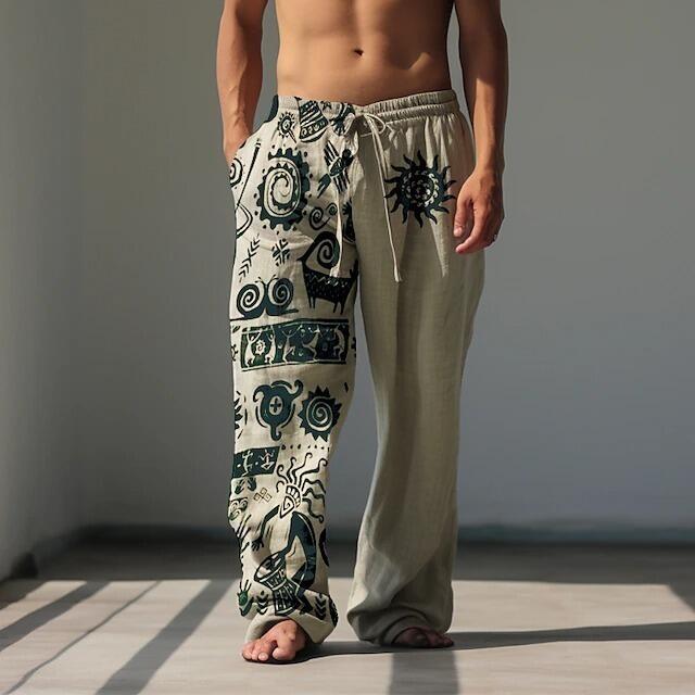 Vintage muške lanene hlače s 3D printom