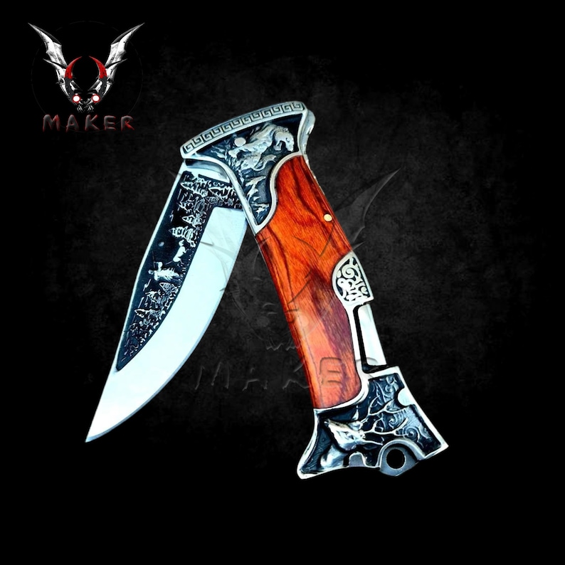 Nóż składany z białej perły z wytłoczonym wzorem, vintage, 9 cali, najlepszy nóż myśliwski - VuMaker-221