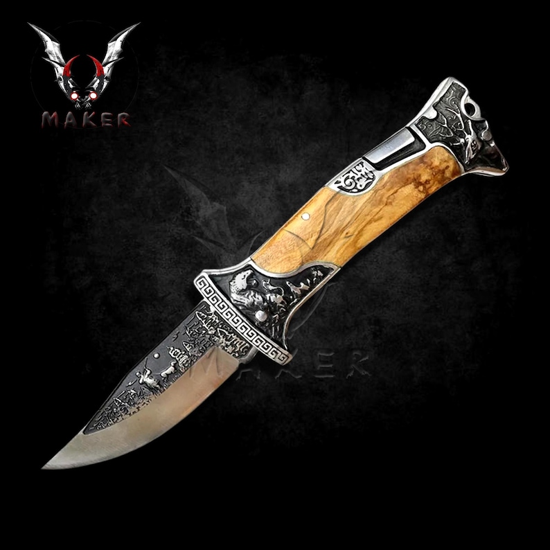 Nóż składany z białej perły z wytłoczonym wzorem, vintage, 9 cali, najlepszy nóż myśliwski - VuMaker-221