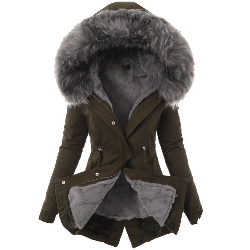 Új érkezés [korlátozott ideig 50% kedvezmény]Új női téli pamut párnázott szőrmegallér egyszínű alkalmi meleg hosszú kabát