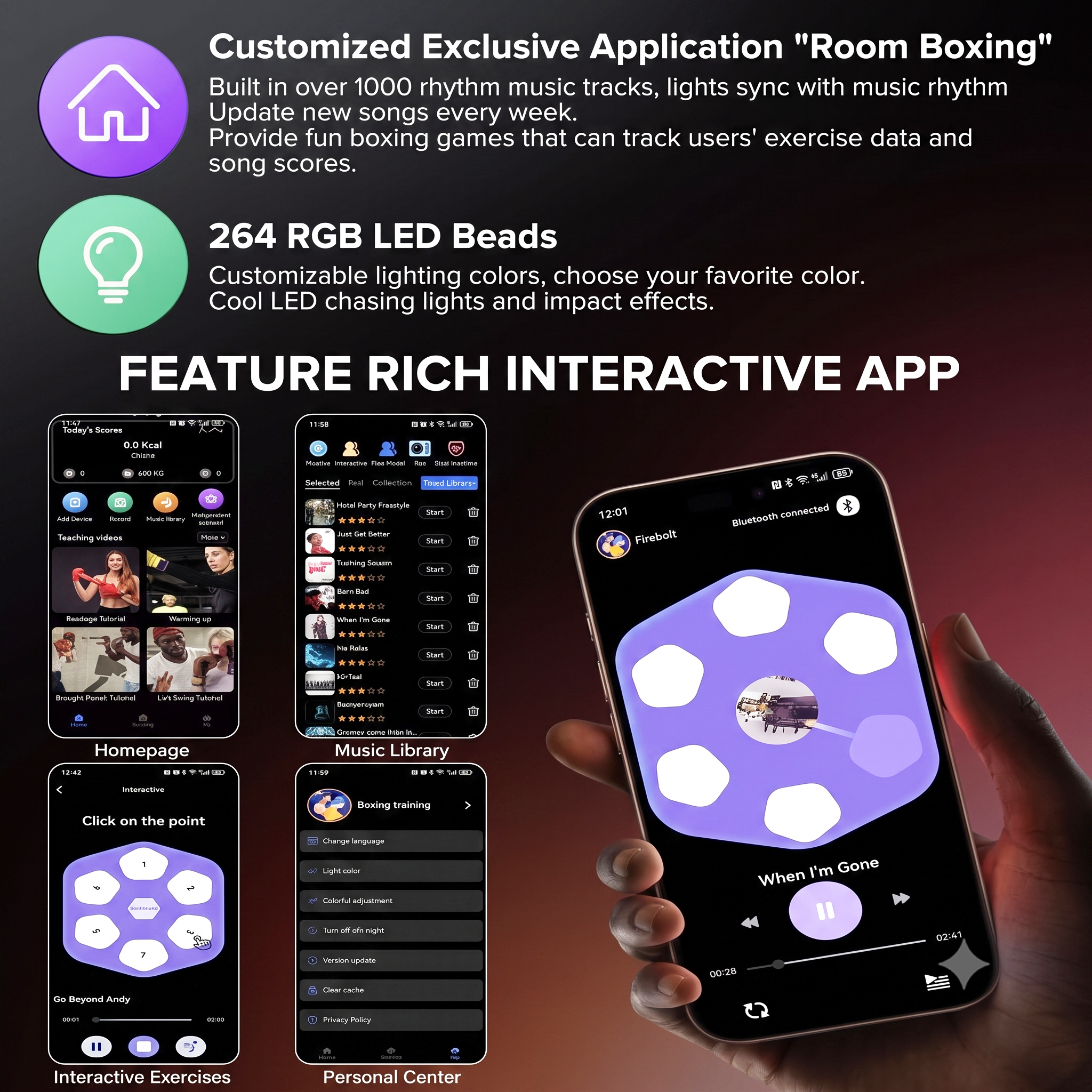 HoldBody high-end smart music boxing machine, independent APP intelligently recognizes music rhythm, wall-mounted home fitness equipment, professional fitness boxing training equipment,