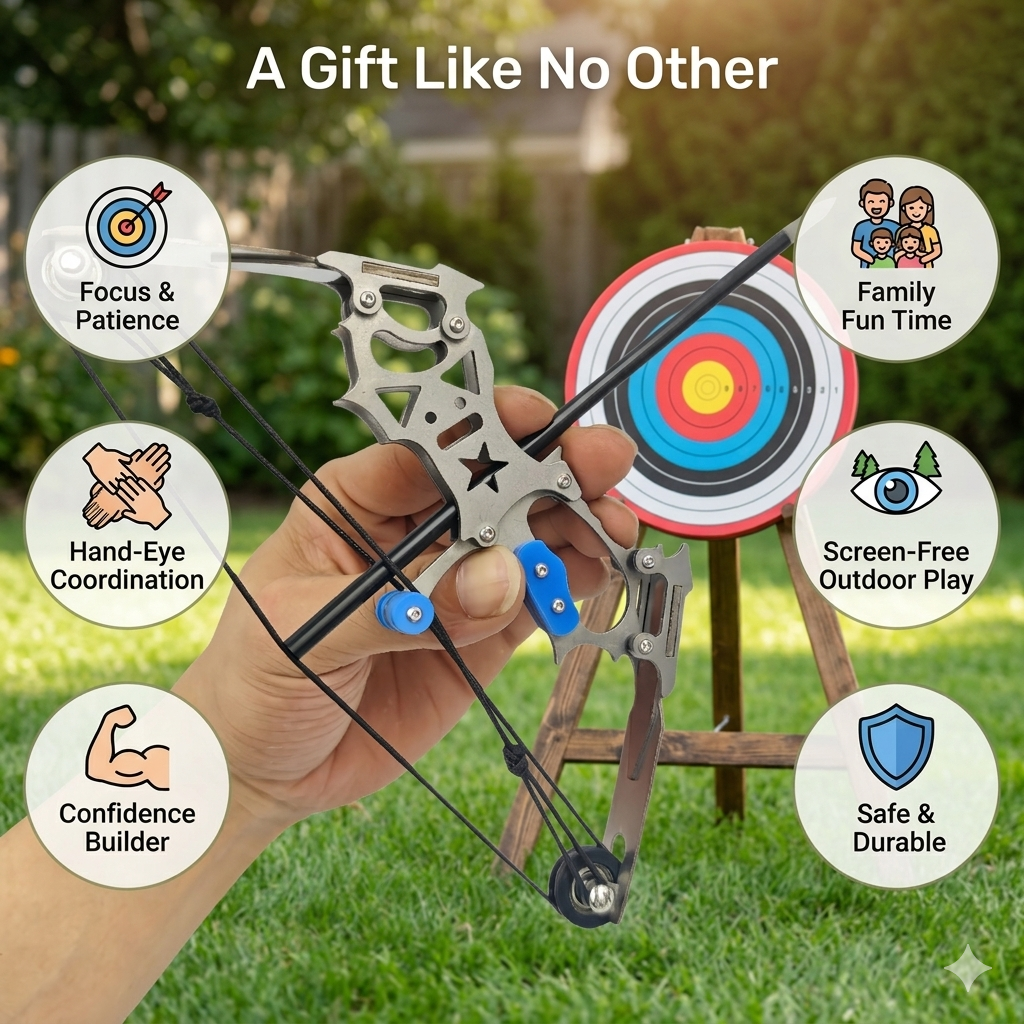 Sport-Partner Stainless Steel Unisex Mini Compound Bow and Arrows Set, Beginner Archery Practice Gear, Fun Holiday Gift Collectible Toy