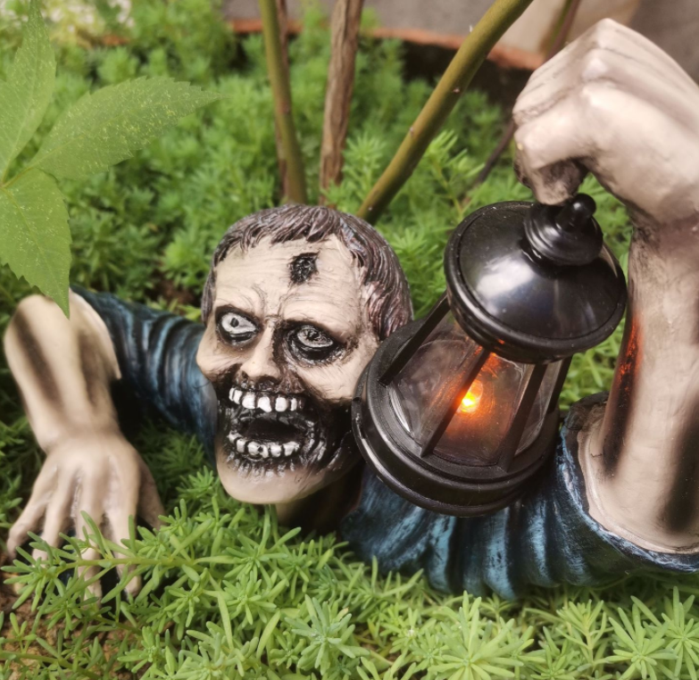 Zombie Crawling Out Of Grave Solar LED Lantern Figurine 18.5"