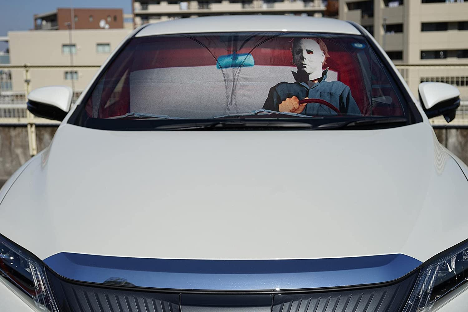 Halloween Michael Myers Horror Movie Windshield - Foldable Sun Visor Protector for Cars, Trucks, SUVs - 64 x 32 Inches