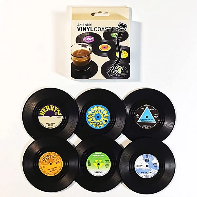 Vinyl Record Coasters with Retro Vinyl Player Holder