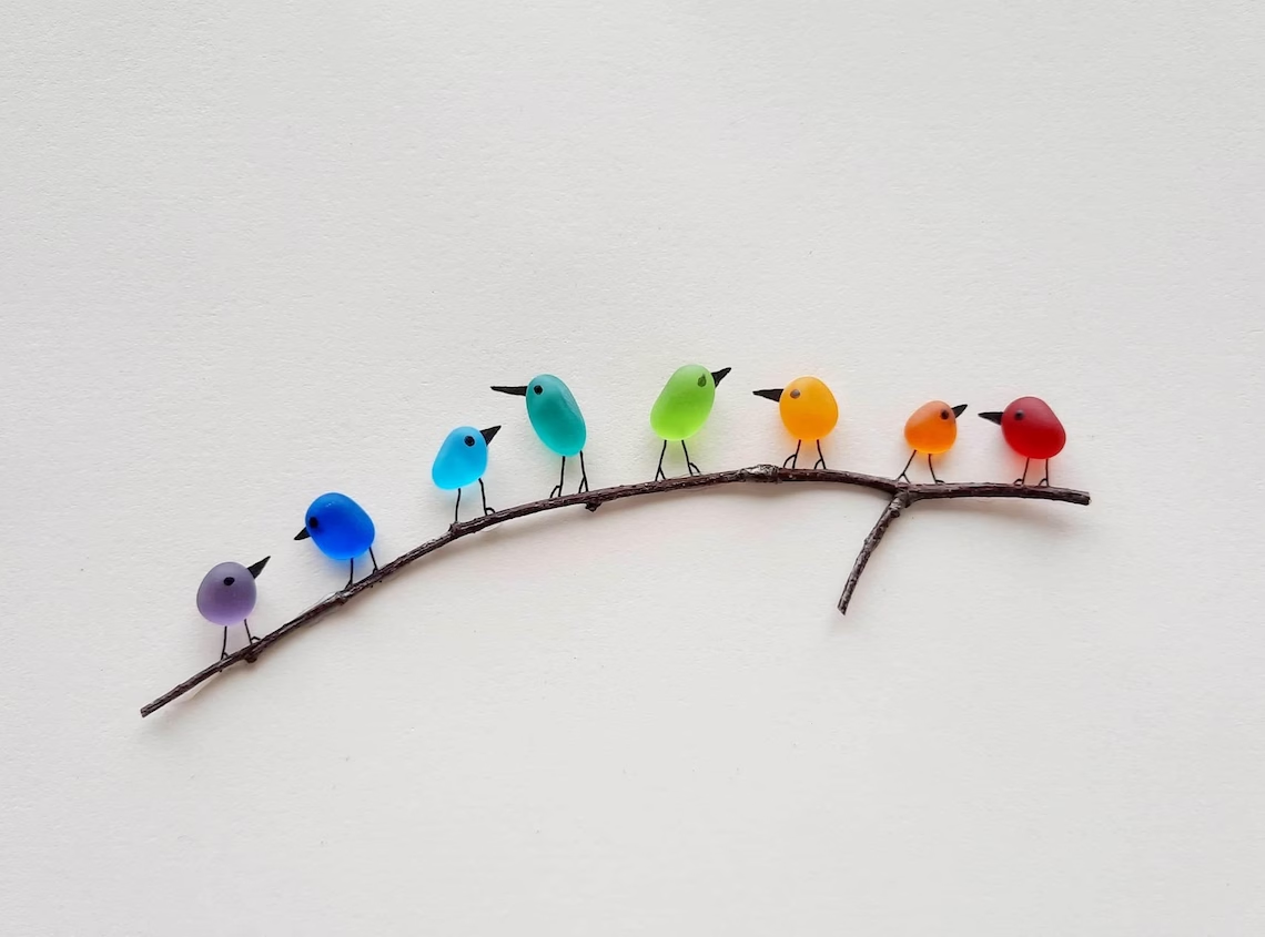 Sea Glass Rainbow Birds - Framed Unique Handmade