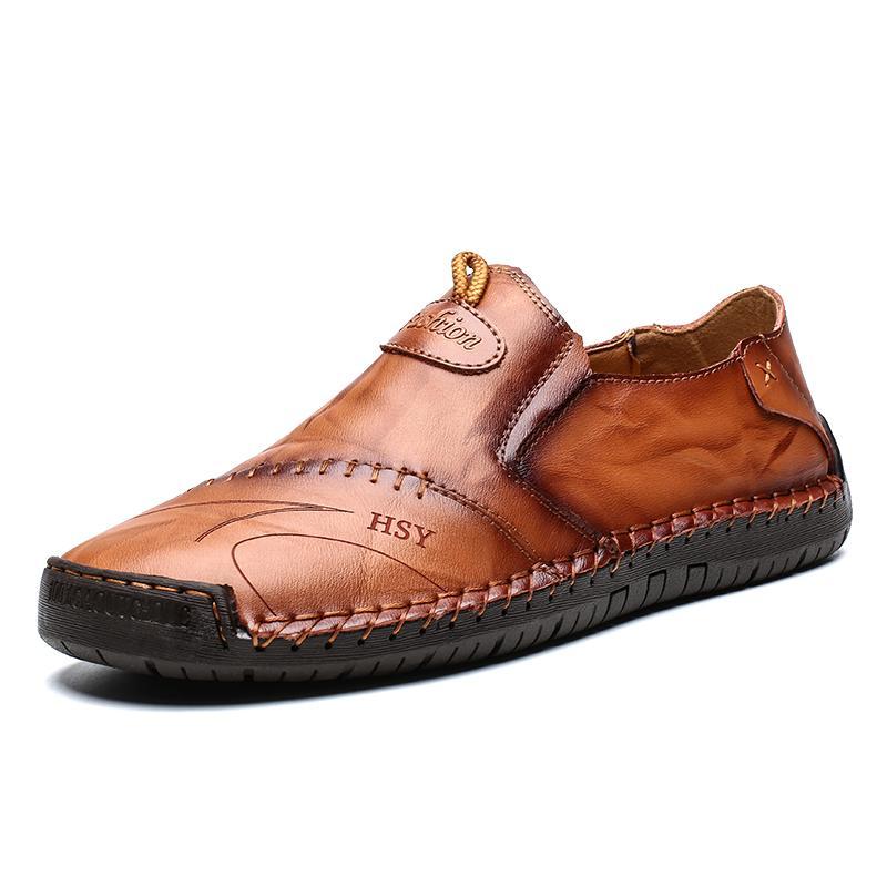 Men Hand Stitching Comfy Soft Sole Round Toe Drivng Casual Leather Loafers