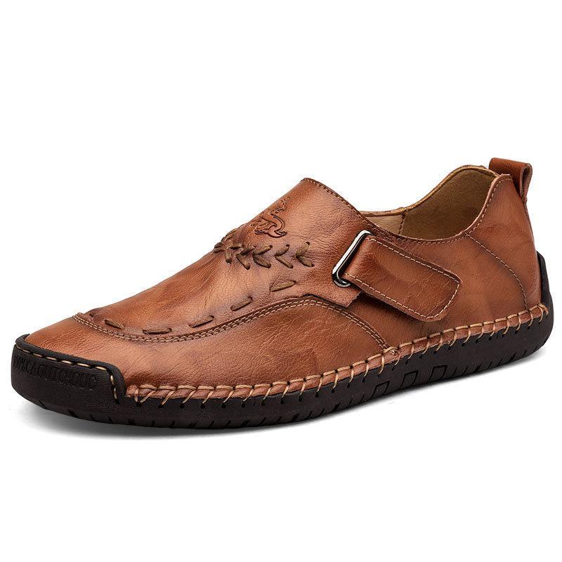 Men Hand Stitching Leather Comfy Soft Hook Loop Casual Shoes