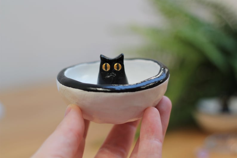 Lucky Black Cat Handmade Ceramic Decorative Trinket Bowl Dish image 4