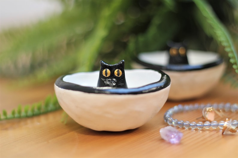 Lucky Black Cat Handmade Ceramic Decorative Trinket Bowl Dish image 1