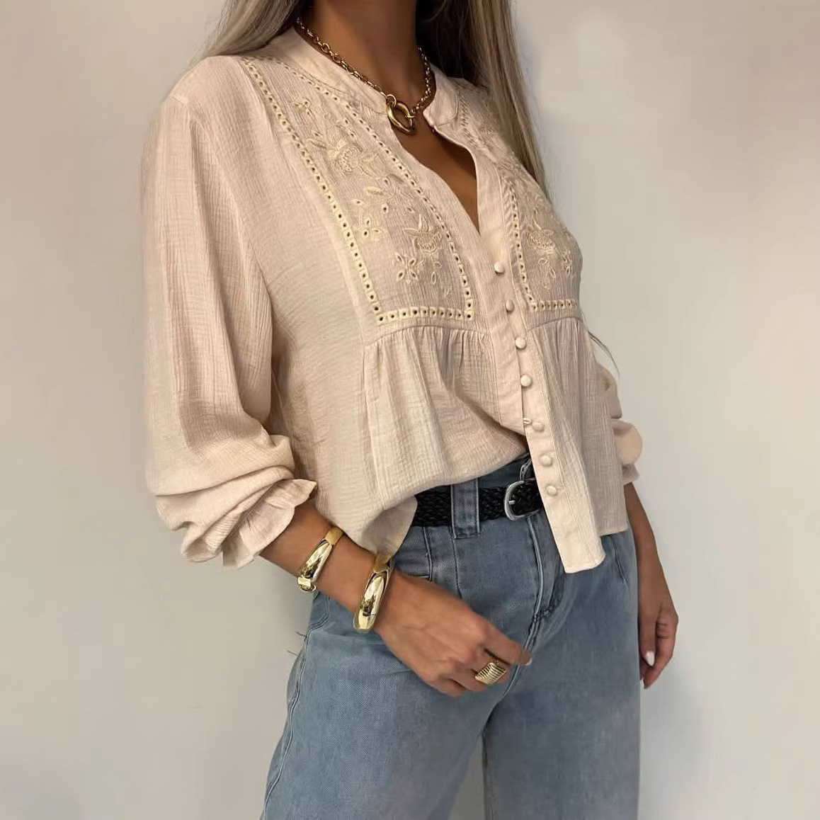 Embroidered Simple Cotton And Linen Shirt