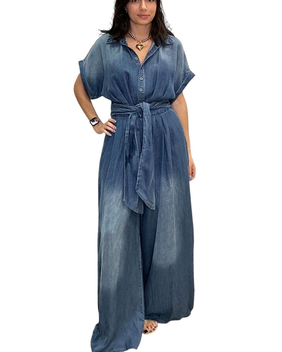 🔥HOT SALE🔥Casual Bat Sleeve Tie-Waist Tencel Denim Wide-Leg Jumpsuit (Buy 2 Free Shipping)
