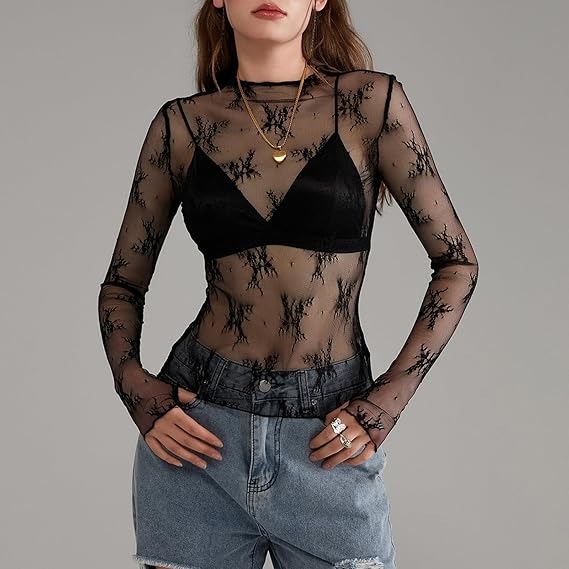 🔥HOT SALE🔥Women Long Sleeve Tops Sheer Lace Basic Shirt Casual Pullover for Fall Club Streetwear Aesthetic Clothes