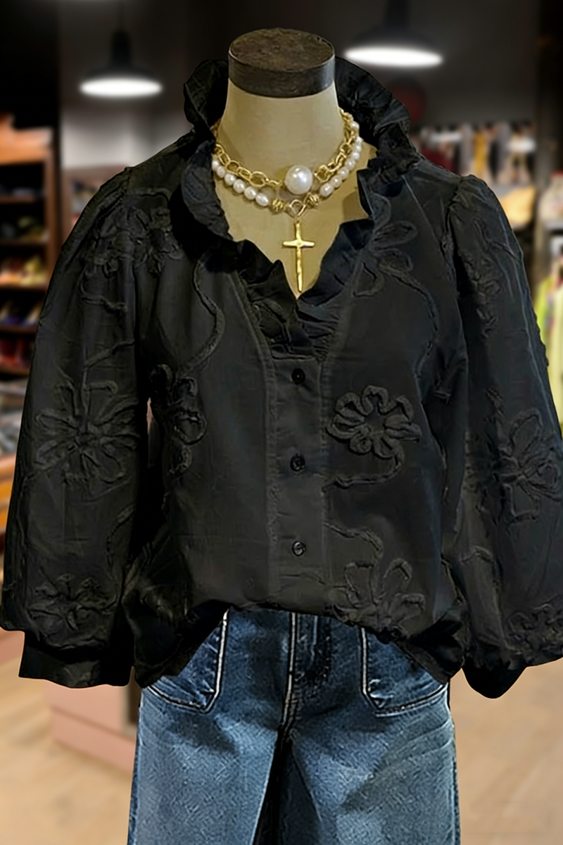 Embroidered Flower Ruffle Neck Puff Sleeve Top(BUY 2 FREE SHIPPING)