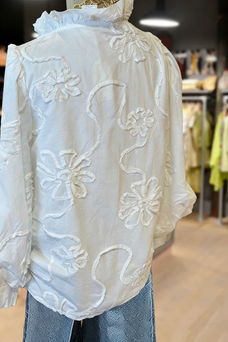 Embroidered Flower Ruffle Neck Puff Sleeve Top(BUY 2 FREE SHIPPING)