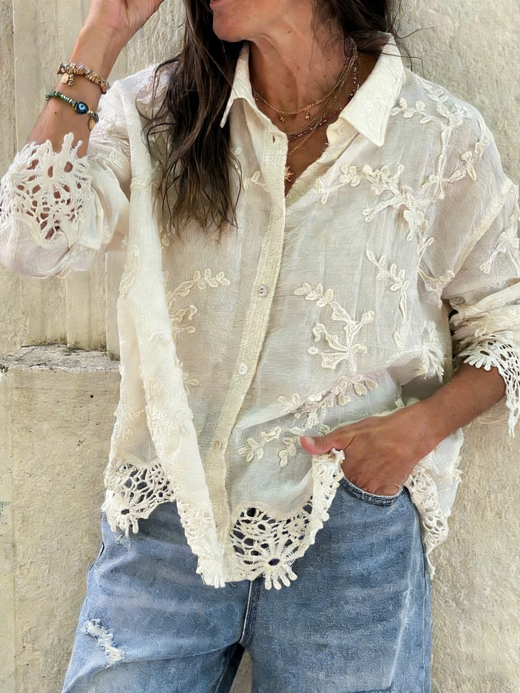 Cotton and linen collared 3D embroidered shirt（BUY 2 FREE SHIPPING)