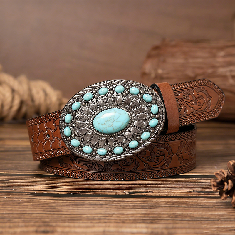 Western Turquoise Buckle Faux Leather Belt