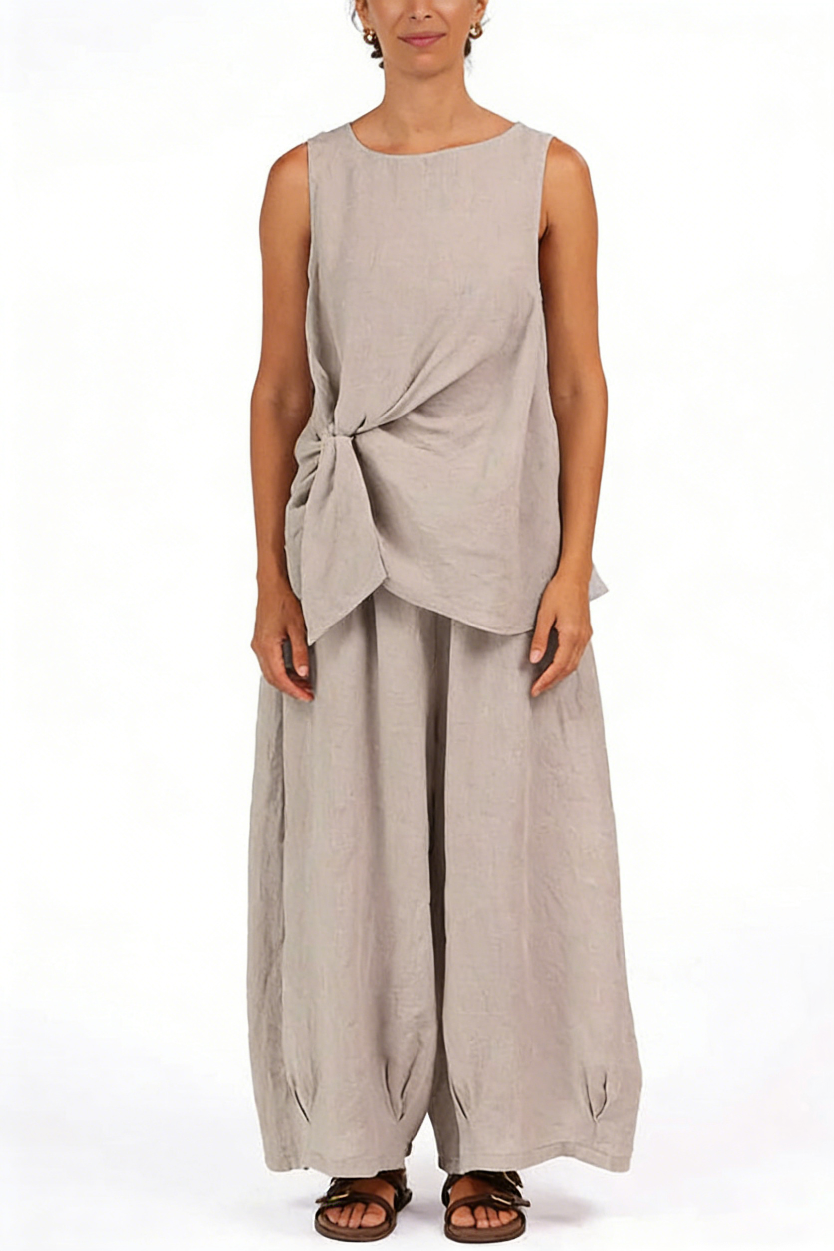 So Comfortable Linen Blend Knotted Top and Elastic Waist Pocket Wide Leg Pants Set