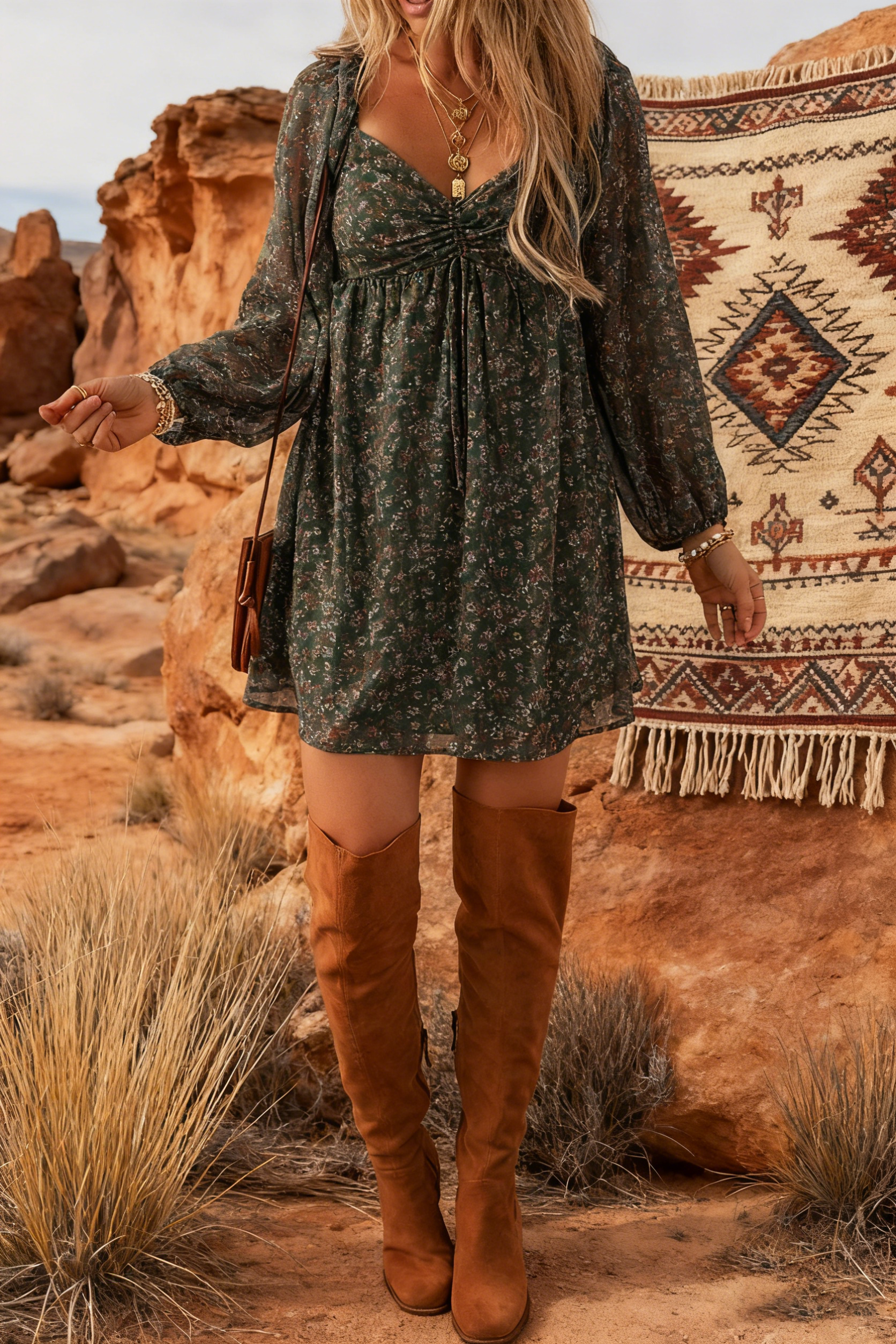 Ruched Printed Long Sleeve Mini Dress(BUY 2 FREE SHIPPING)