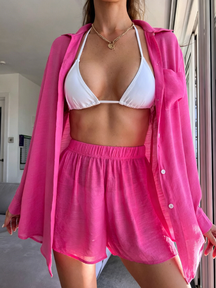 Women's Oversized Beach Shirt & Shorts 2-Piece Cover-Up Set
