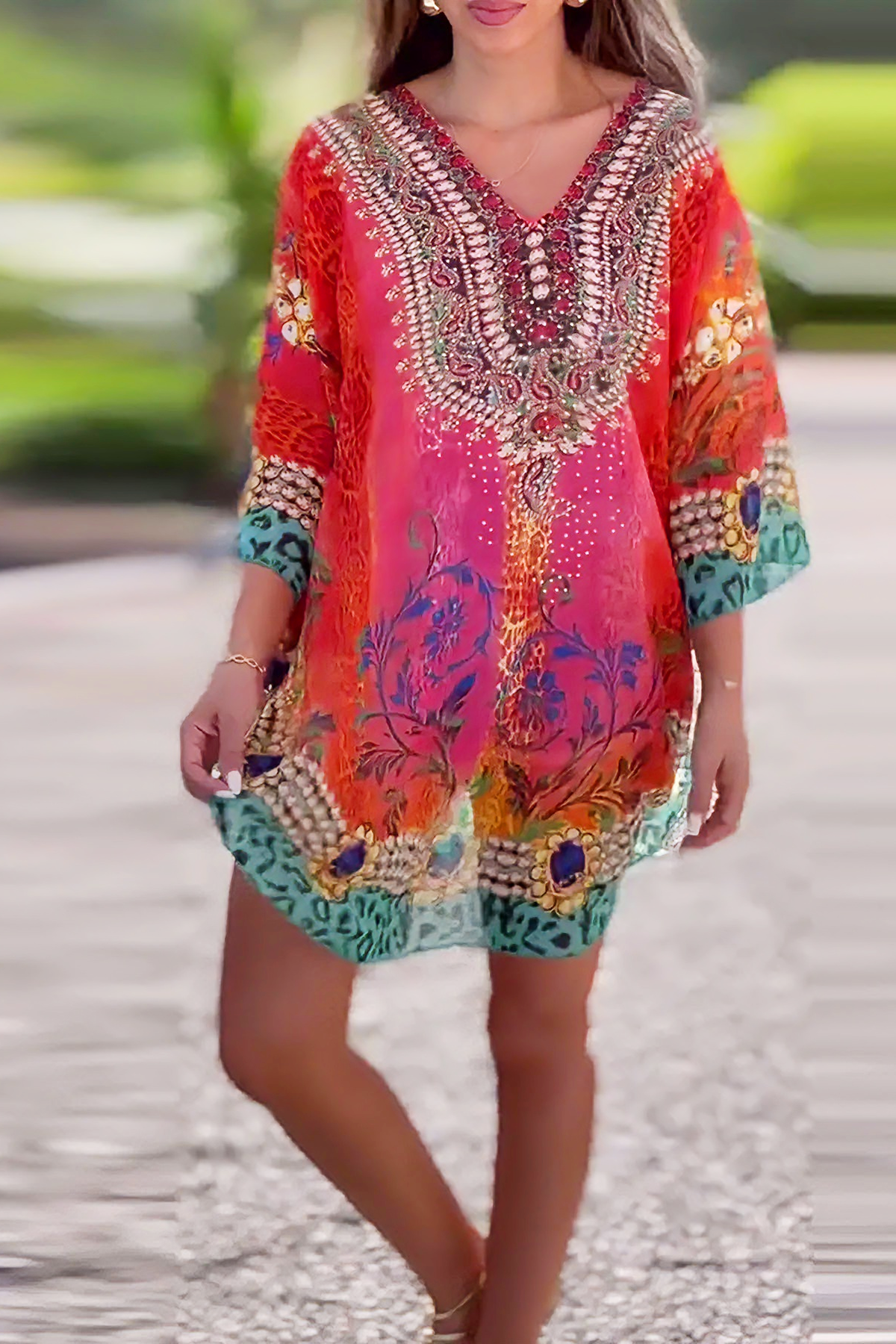 V-neck bohemian style printed loose-fitting cardigan top(BUY 2 FREE SHIPPING)