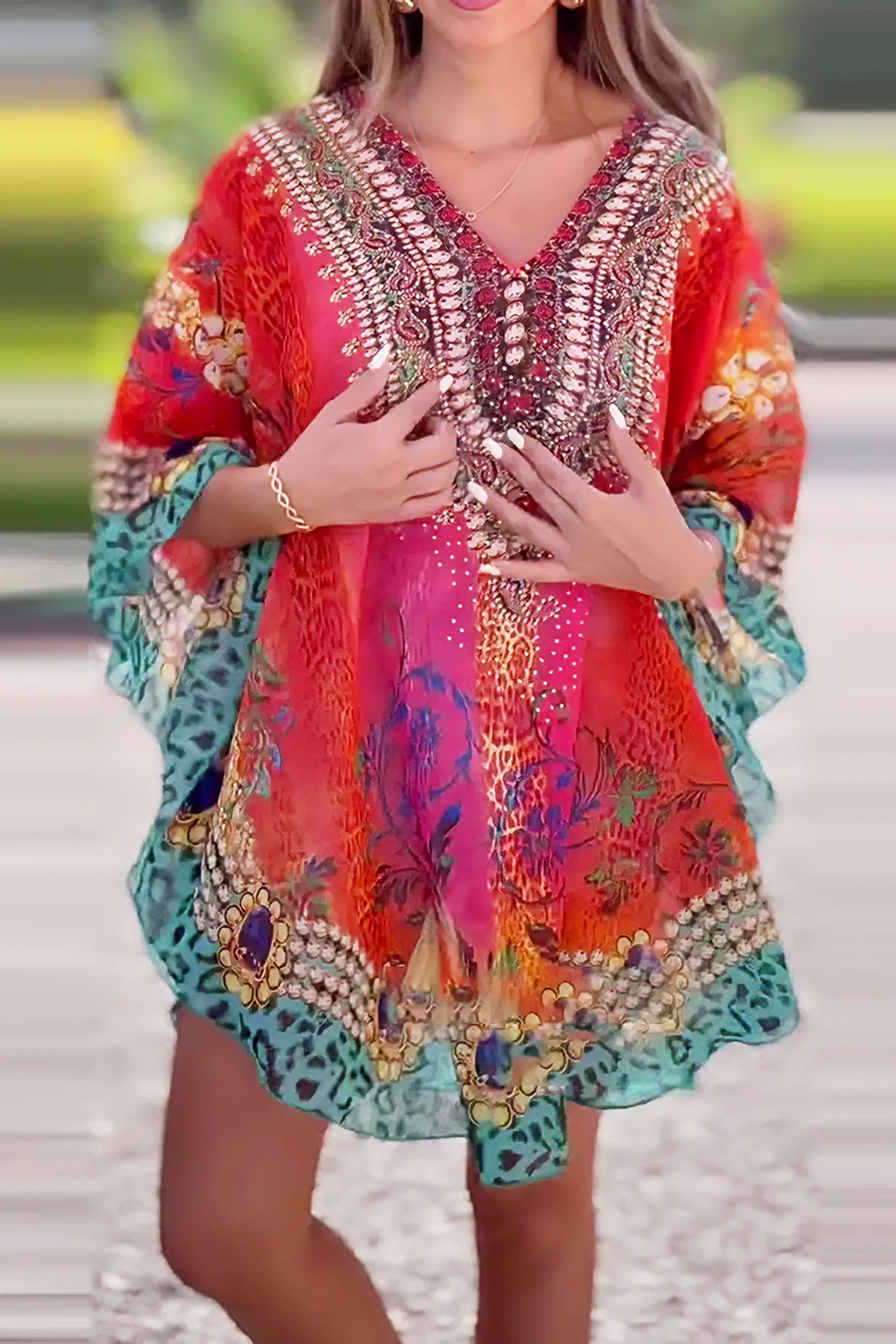 V-neck bohemian style printed loose-fitting cardigan top(BUY 2 FREE SHIPPING)