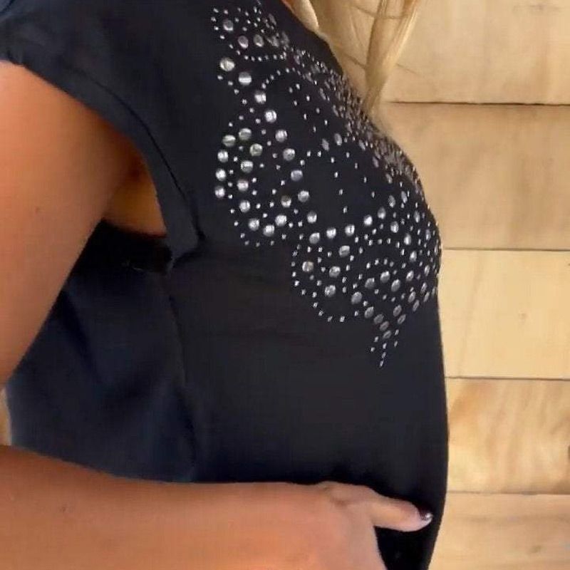 Women's Solid Colour Short Sleeve T-shirt With Hot Print And Frayed Hem（BUY 2 FREE SHIPPING)