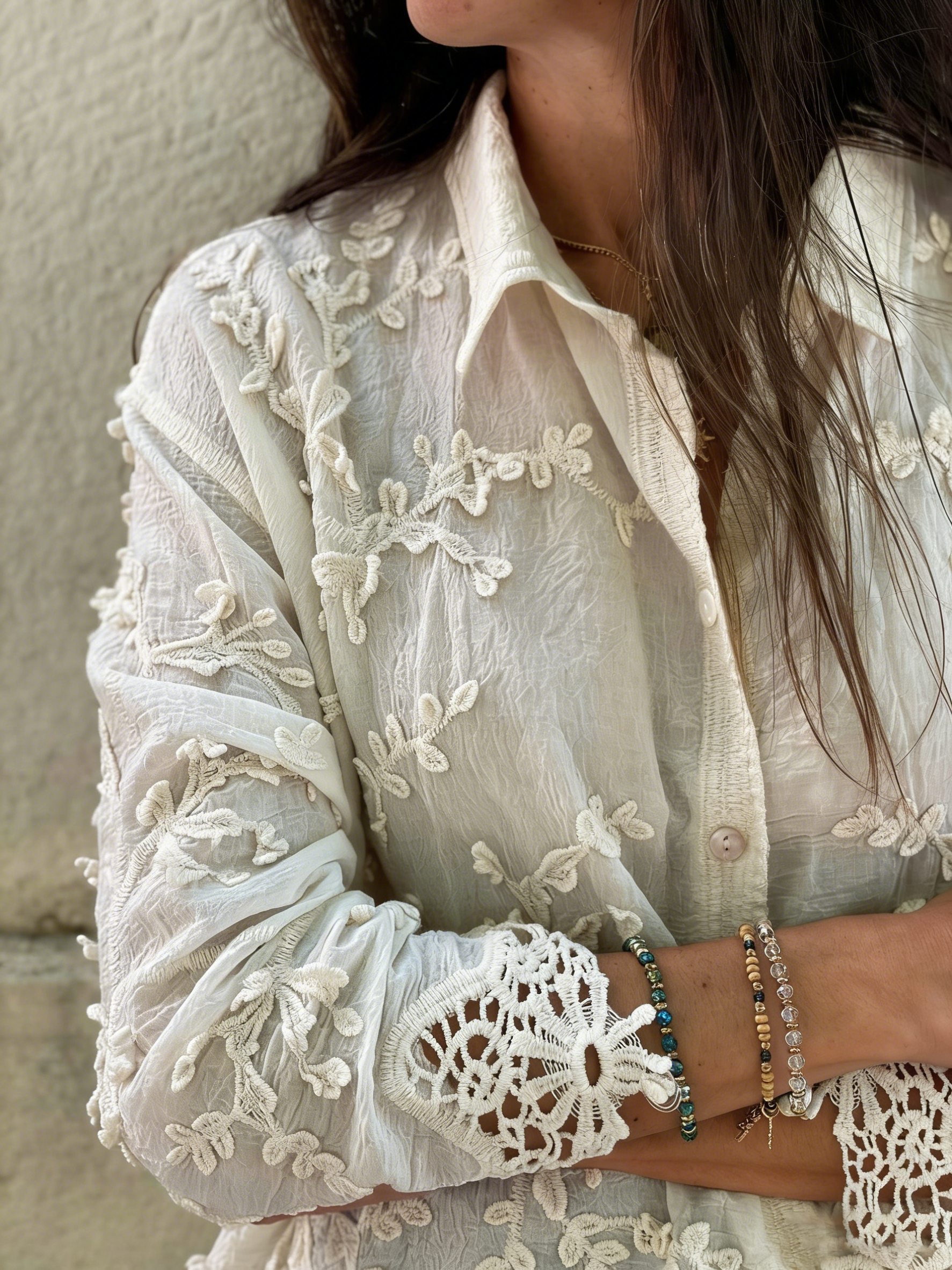 Cotton and linen collared 3D embroidered shirt（BUY 2 FREE SHIPPING)