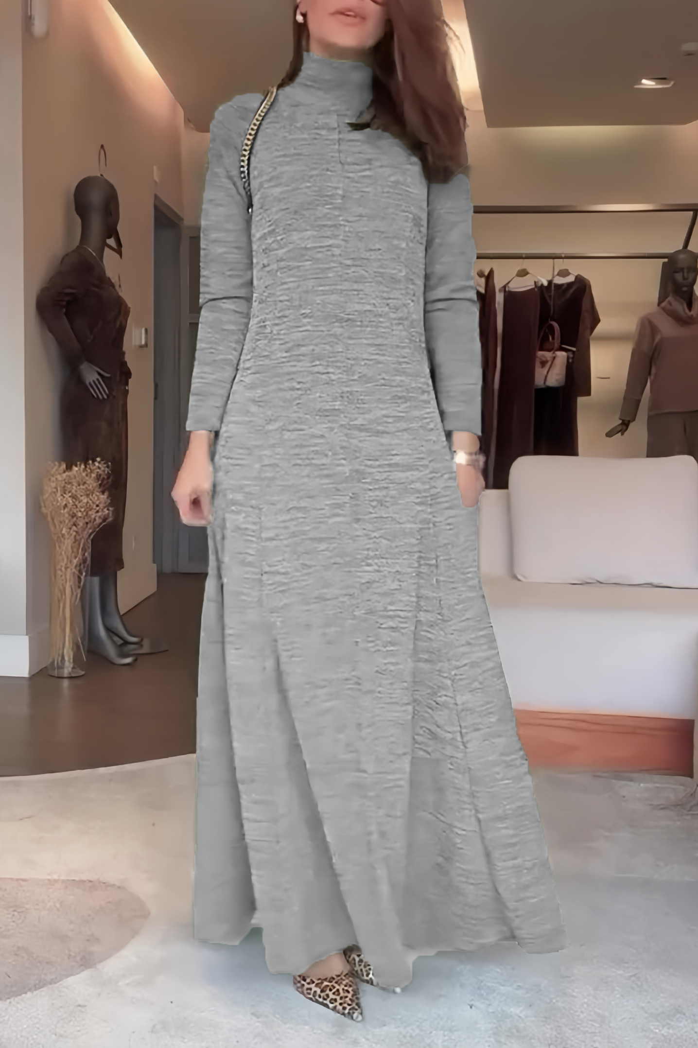 High Neck Long Sleeve Ribbed Dress（BUY 2 FREE SHIPPING)