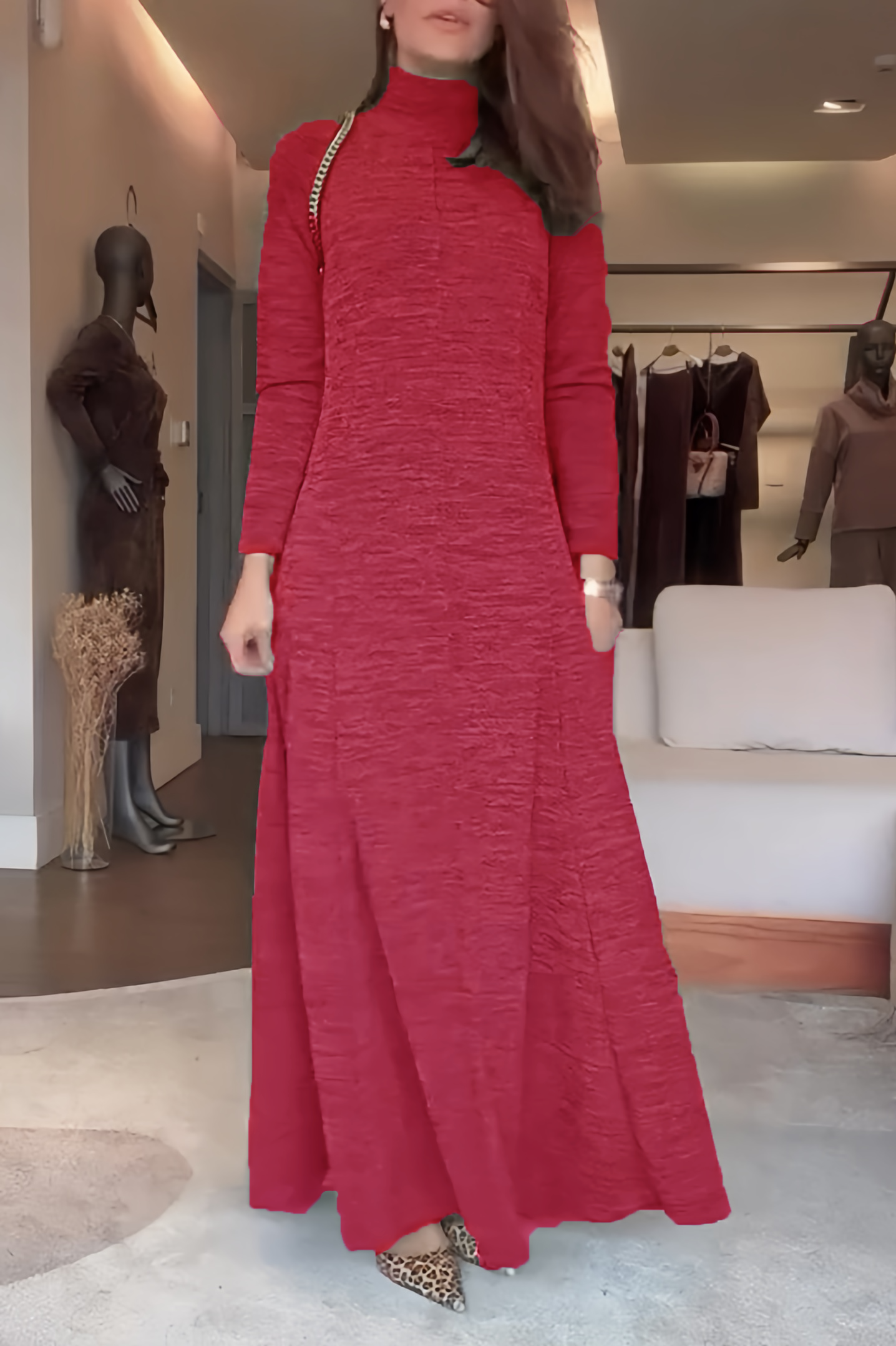 High Neck Long Sleeve Ribbed Dress（BUY 2 FREE SHIPPING)