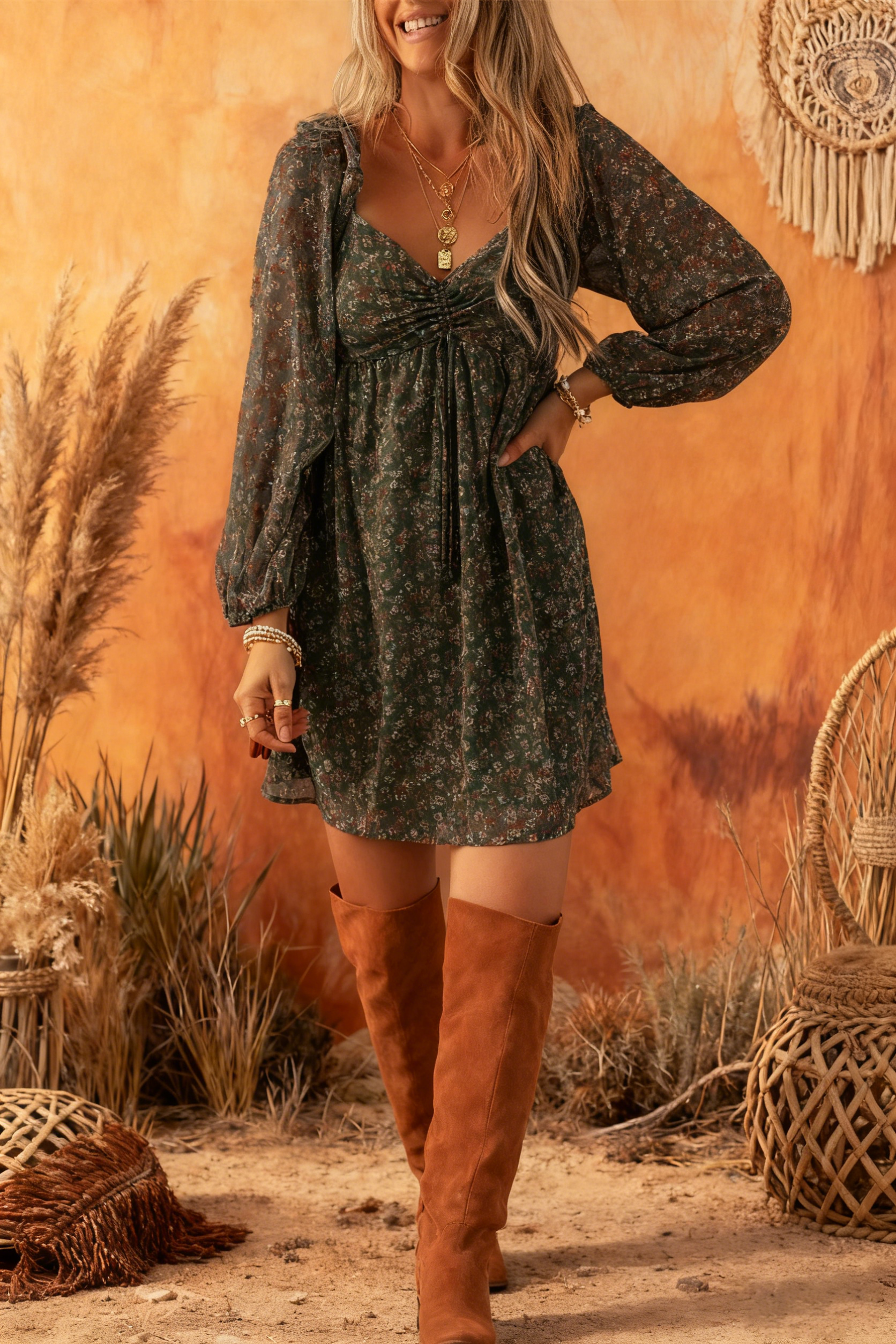 Ruched Printed Long Sleeve Mini Dress(BUY 2 FREE SHIPPING)