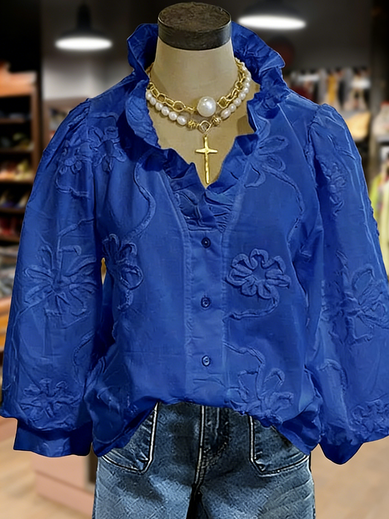 Embroidered Flower Ruffle Neck Puff Sleeve Top(BUY 2 FREE SHIPPING)