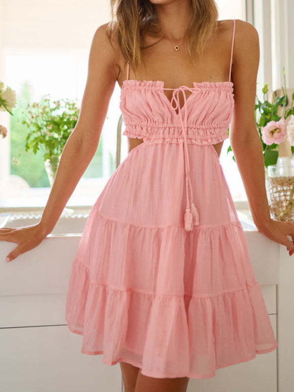 SpaghettiStrap Hollow Lace BacklessSwing Mini Dress（BUY 2 FREE SHIPPING)