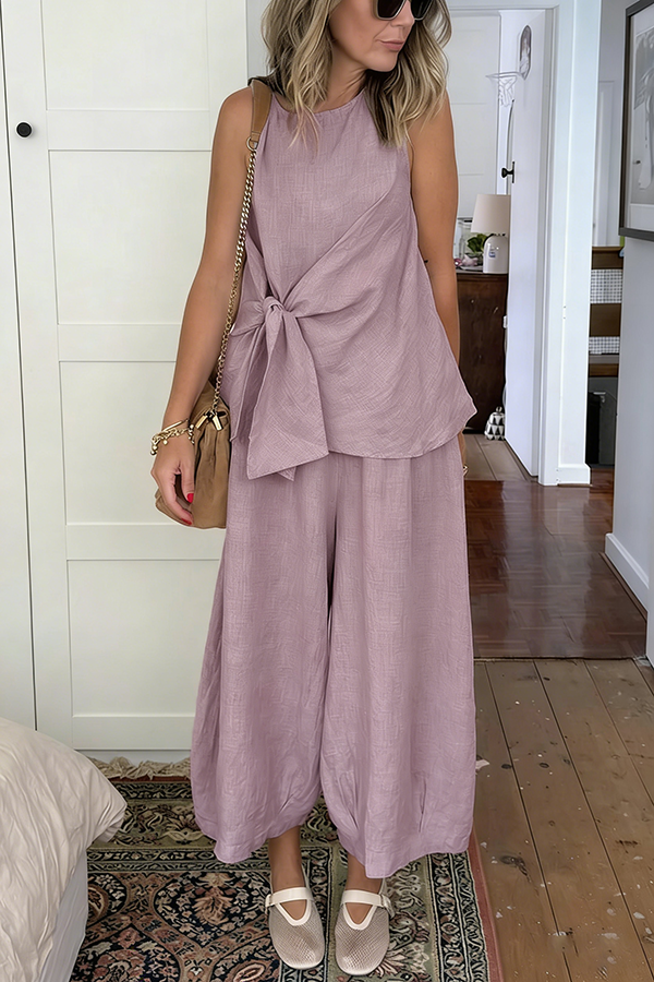 So Comfortable Linen Blend Knotted Top and Elastic Waist Pocket Wide Leg Pants Set