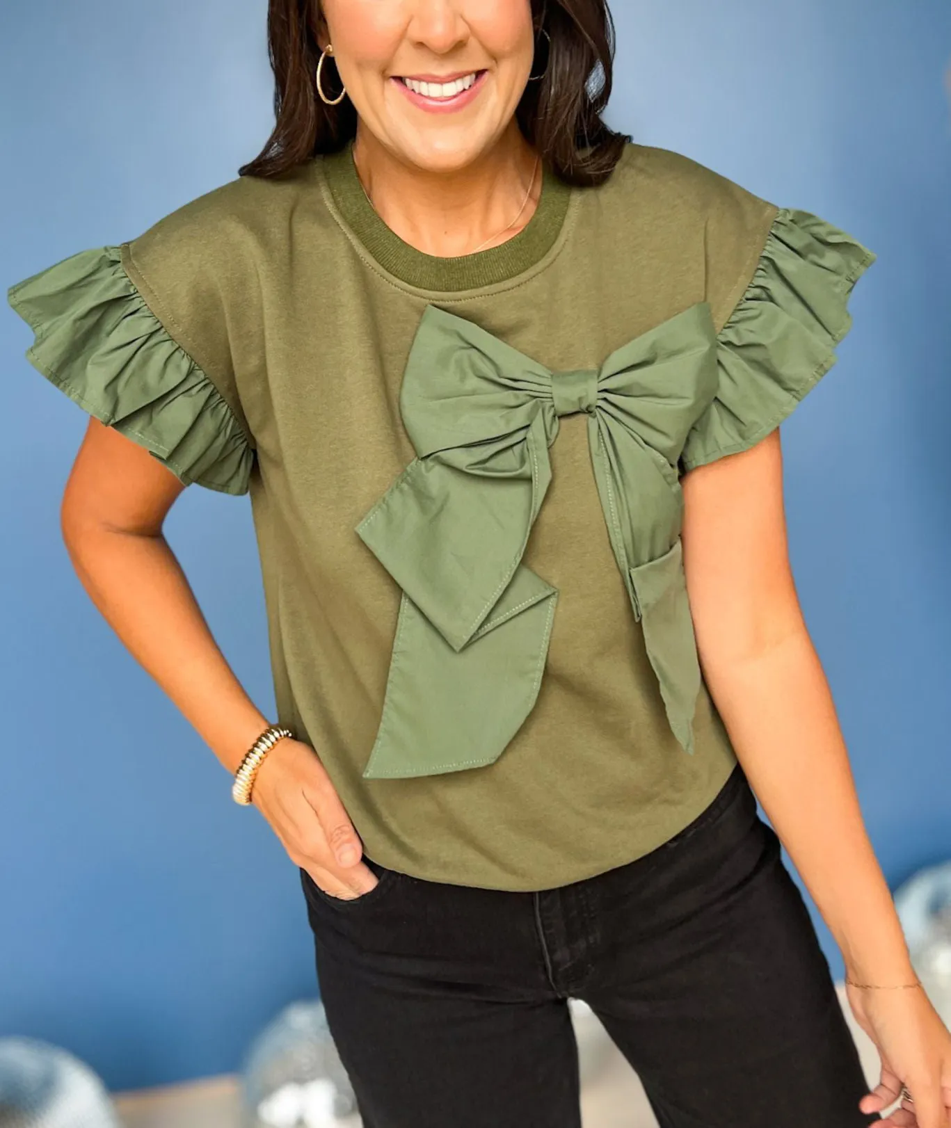 🔥🔥🔥🔥Women's Contrast Ribbon Bow Ruffle Sleeve Top (Buy 2 Free Shipping)